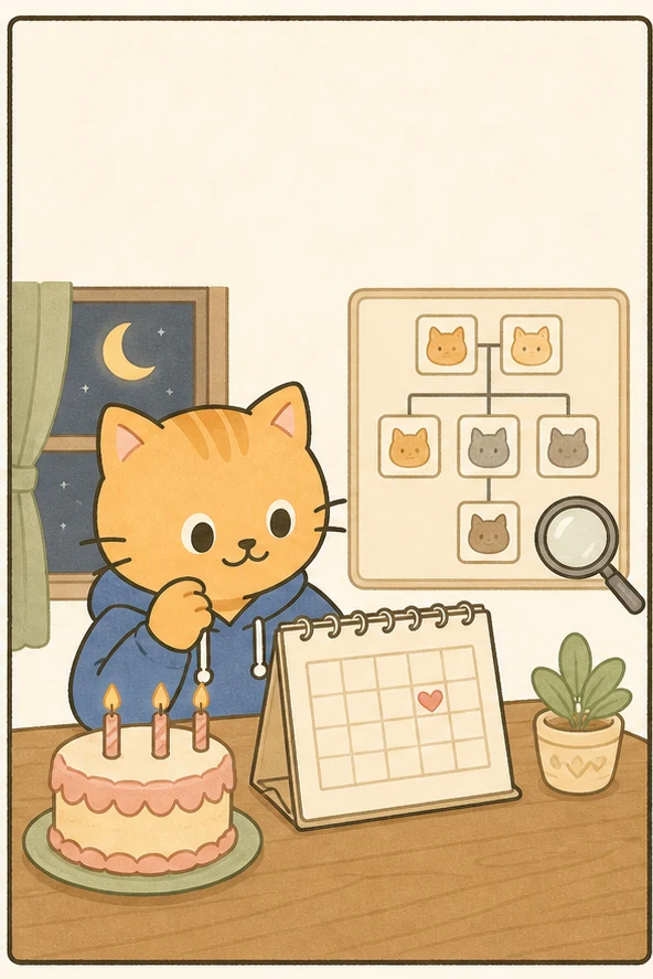 냥이가 음력 달력과 친족 관계를 살펴보는 그림